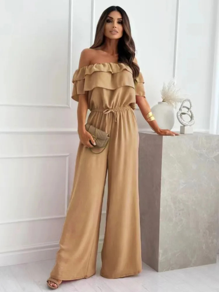 fashion womens solid color jumpsuit womens casual collarless short sleeved waist control jumpsuit 250320