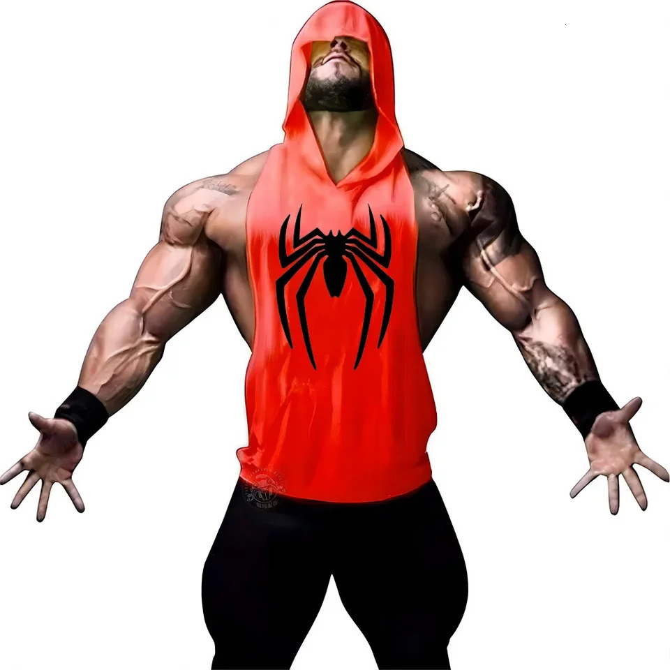 Mens printed spider sleeveless shirt hooded vest outdoor Y2k sports gym boxing breathable top quick drying 250318