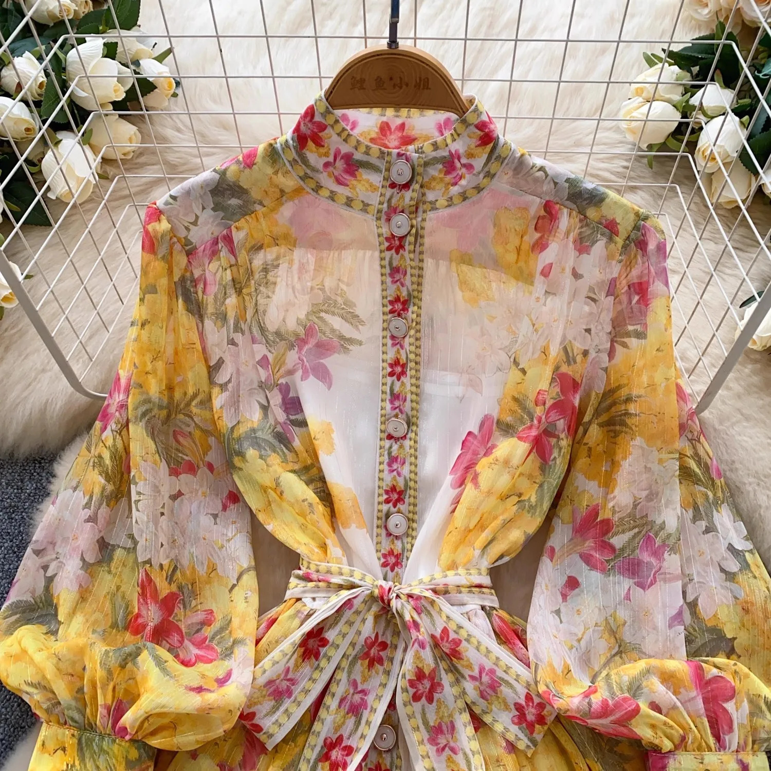 Summer Runway Gorgeous Flower Bright Slik Chiffon Dress Women Stand Long Lantern Sleeve Floral Print Lace Up Boho Robe Vestidos 250322