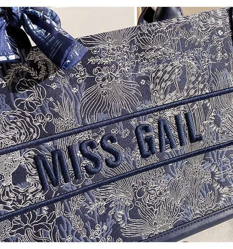 Blue Color Fashion Embroidery Tote High Quality Large Capacity Women's Handbag Shoulder Lady Purse Female Casual Bag