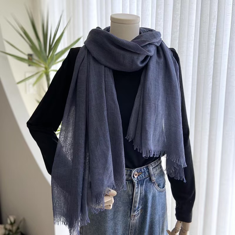 T338 cotton and linen solid color scarf female summer sun protection medium long gauze scarf Japanese and Korean literary beach long scarf travel neck