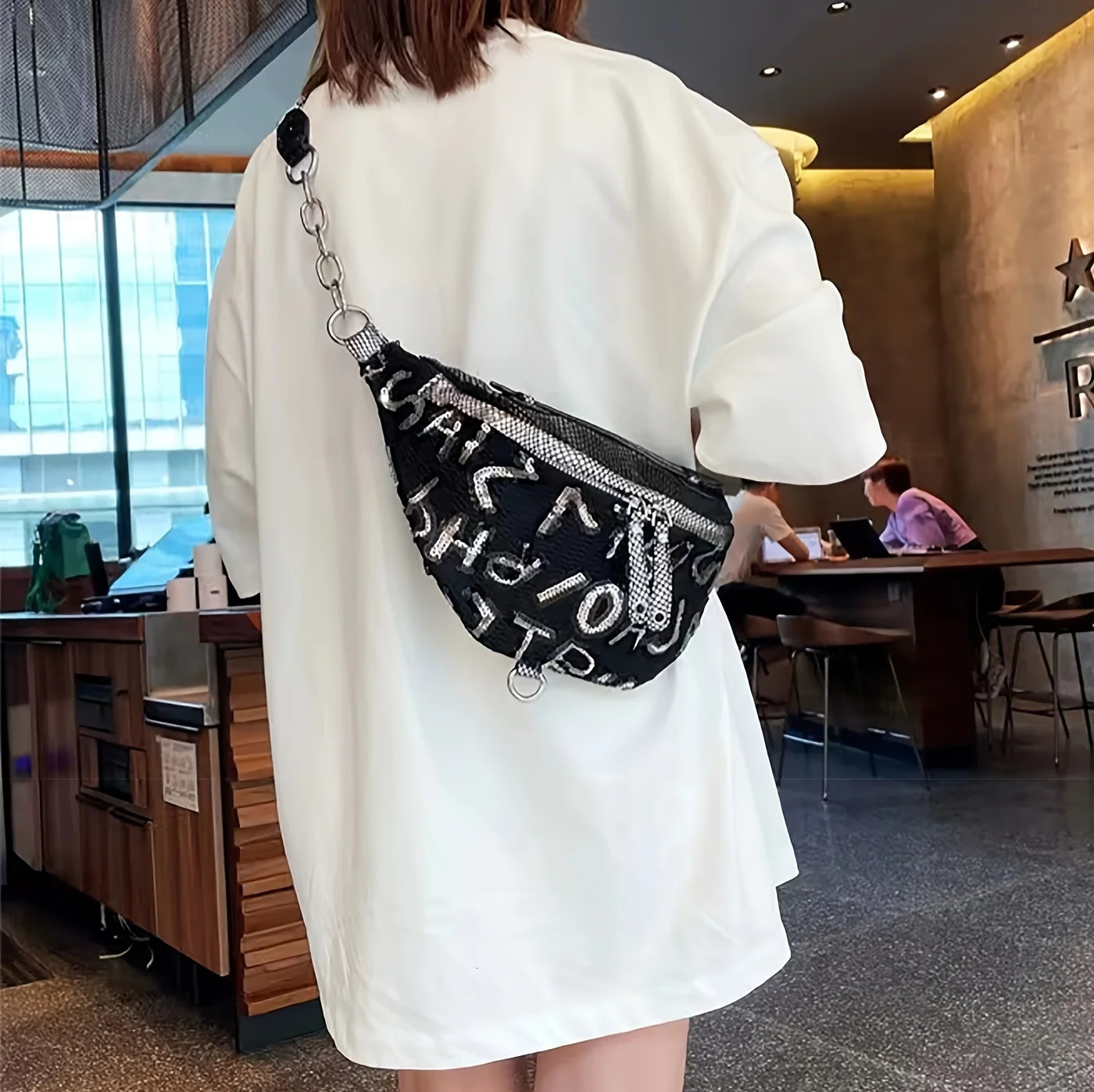 Compact multifunctional sequined waist bag casual outdoor sports street cross body chest bag fashionable 250318
