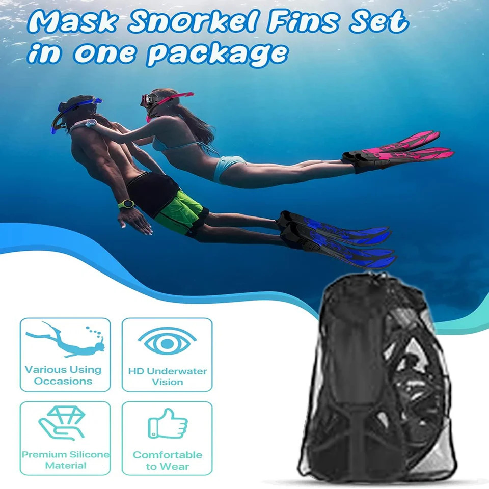 Mask Fin Snorkel Set Snorkel Gear for Adult Panoramic View Snorkel Mask Adjustable Dive Flipper Dry Top Snorkel and Travel Bag 250321