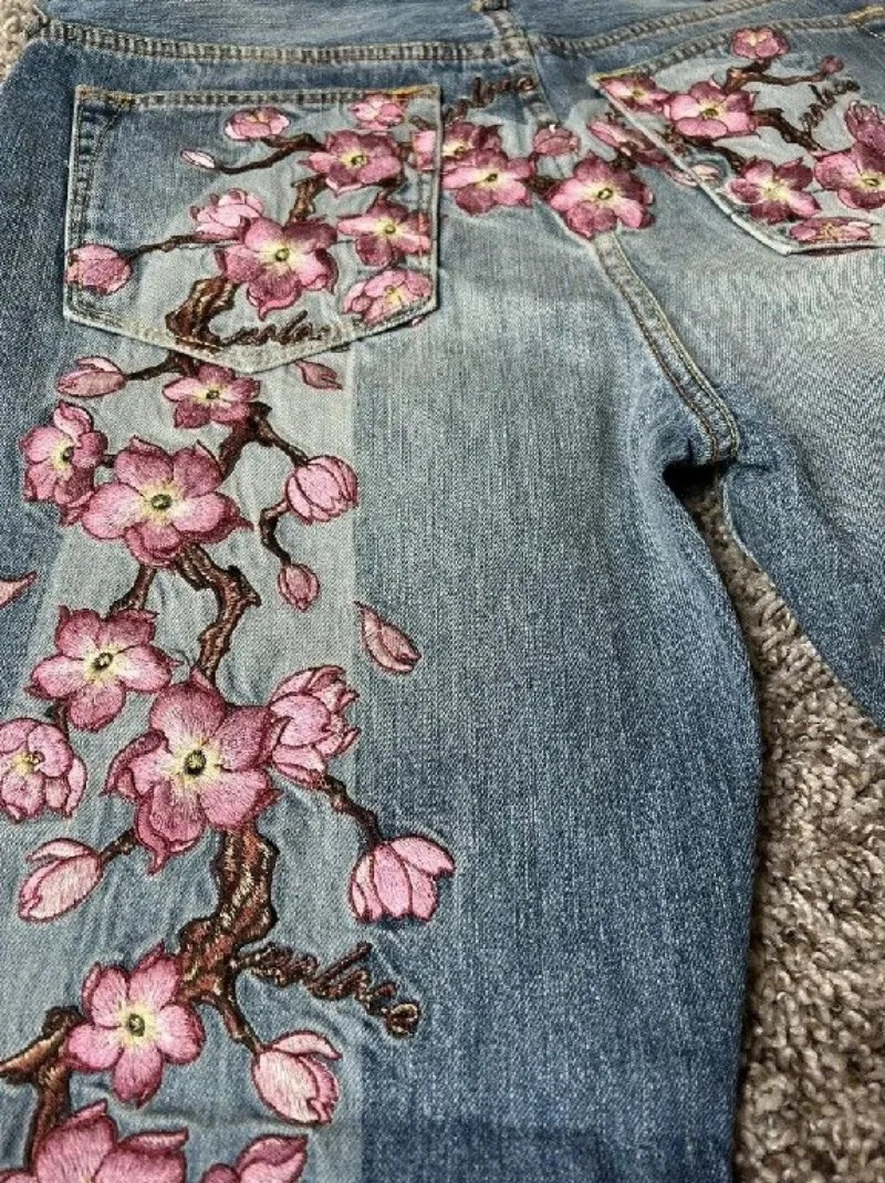 Harajuku pants men cherry blossom Embroidery Hip Hop y2k streetwear jeans men women Retro fashion Casual wide leg Denim Pants 250321