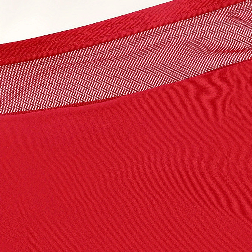 Halter V Neck Mesh Panel High Waist Red Push Up Bikini Set