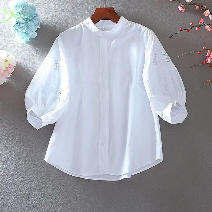 Cotton hollow embroidered womens shirt summer loose retro collar temperature lantern sleeves 250318