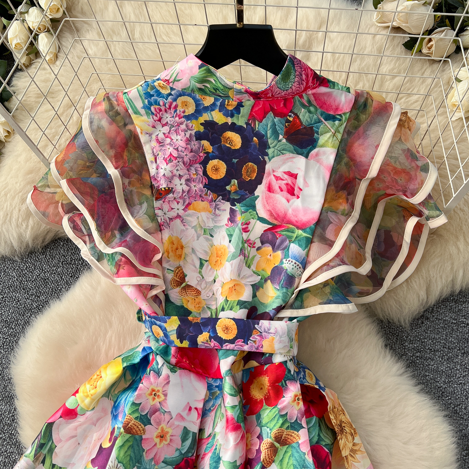 Casual Dresses Summer Summer Bohemian Gorgeous Flower Long Dress Women V-Neck Layer Mesh Sleeve Floral Print Bandage Lace Up Robe Vestidos Clothes 202
