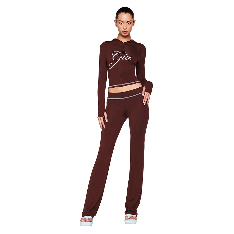 Women's Two Piece Pants IAMGIA Set Letter Logo Elastic Thin Print Slim Fit Zipper Hoodie Short Jacket Top Fitness Suit