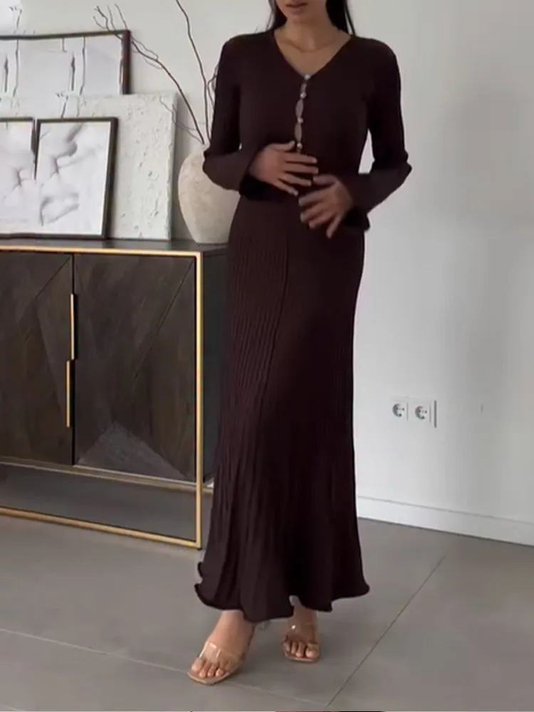 Womens Elegant Button Vneck Knitted Long Skirt Fashion Sleeve Ruffle Slimming Vestido Waist Office Robe 250320