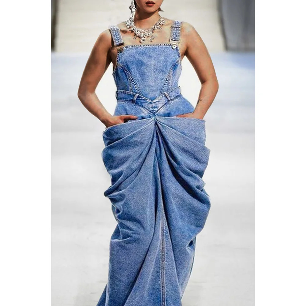 Large size fashionable womens blue bow wrapped four season folding denim long skirt 250318