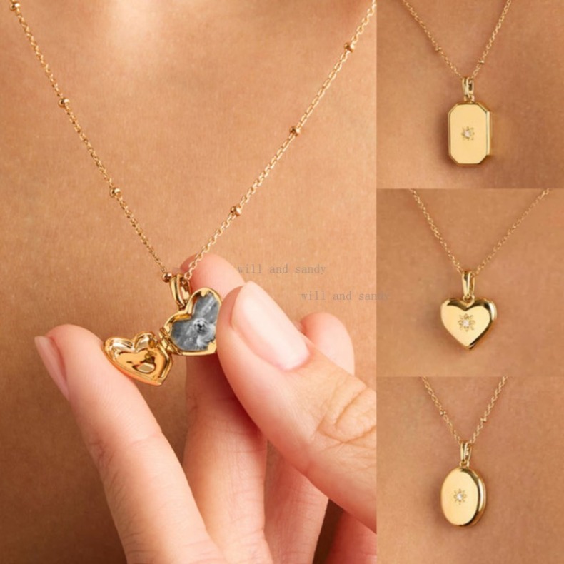 Vintage Designer Necklace 18k Gold Photo Locket Necklace Cubic Zirconia Love Heart Square Oval Pendant Locket for Woman Girls Valentine's Day Gif
