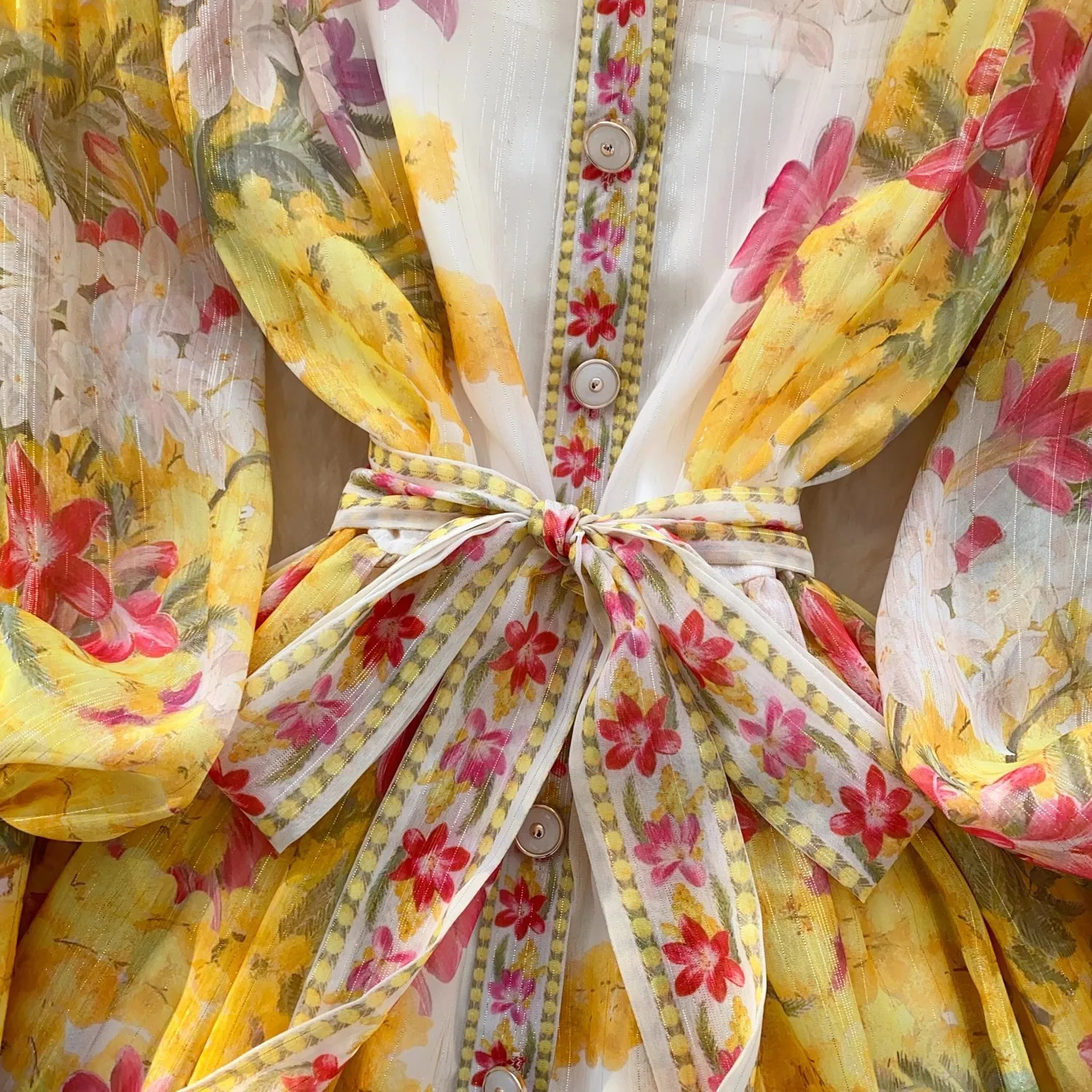 Summer Runway Gorgeous Flower Bright Slik Chiffon Dress Women Stand Long Lantern Sleeve Floral Print Lace Up Boho Robe Vestidos 250322