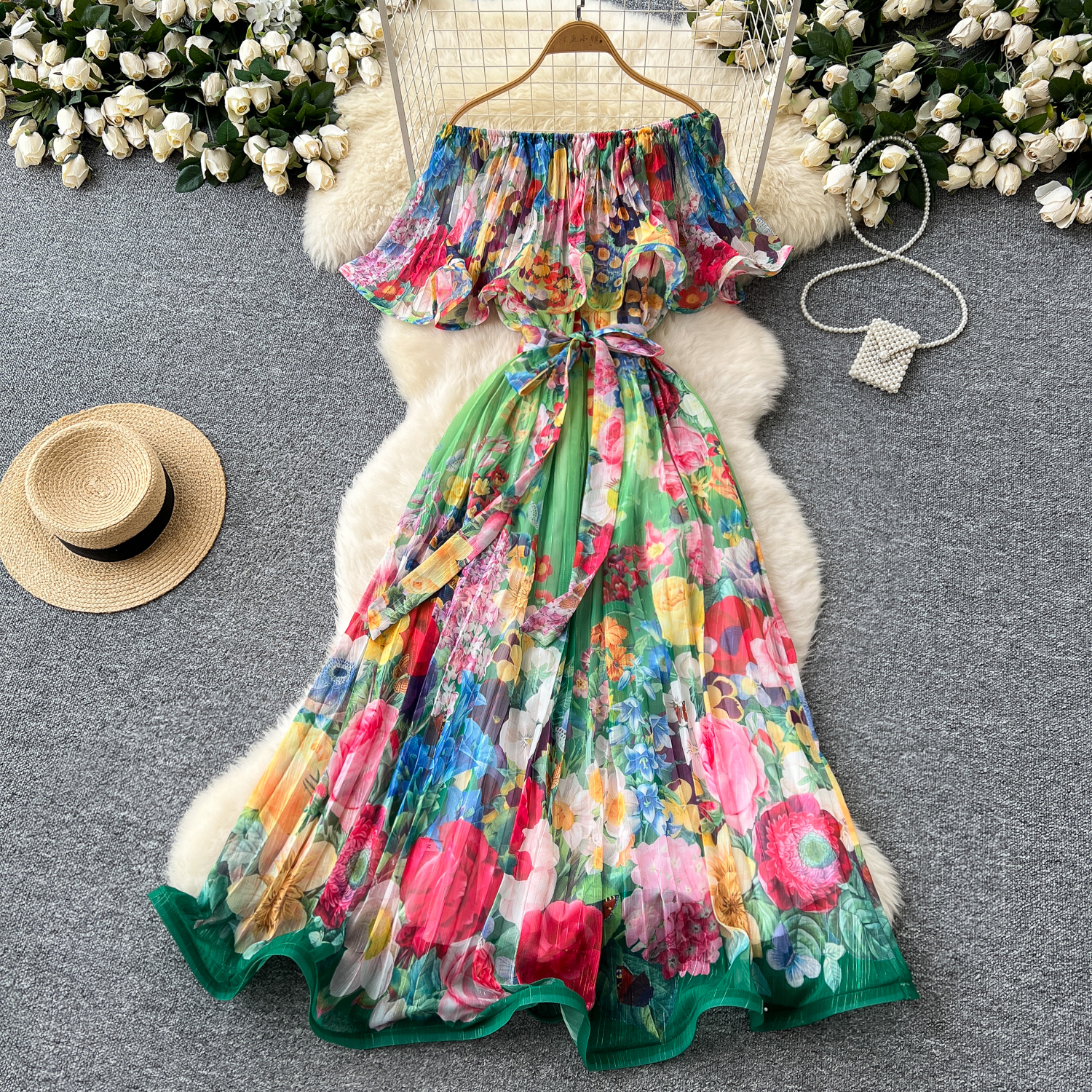 Basic Casual Dresses Spring Summer Off Shoulder Gorgeous Flower Holiday Dress Women's Slash Neck Ruffles Batwing Sleeve Print Casual A-Line Beach