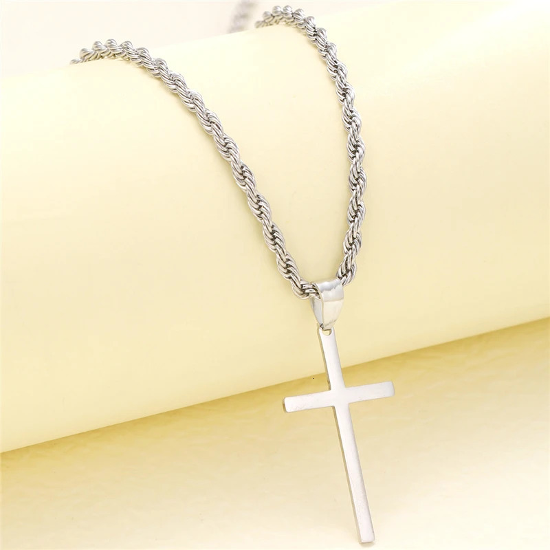 Stainless Steel Cross Pendant Necklace for Men Boys 18K Gold Plated Silver Simple Twisted Chain Fashionable Jewelry Beach Party 250313