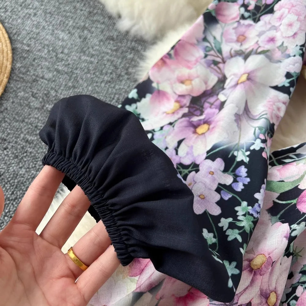 Women Linen Clothing Spring Summer Runway Fashion Flower Print Vintage Dress Stand Neck Long Lantern Sleeve Belted Mini Dress 250322