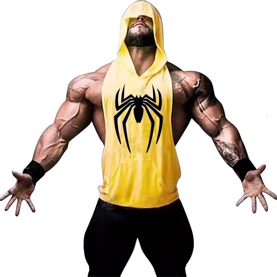 Mens printed spider sleeveless shirt hooded vest outdoor Y2k sports gym boxing breathable top quick drying 250318