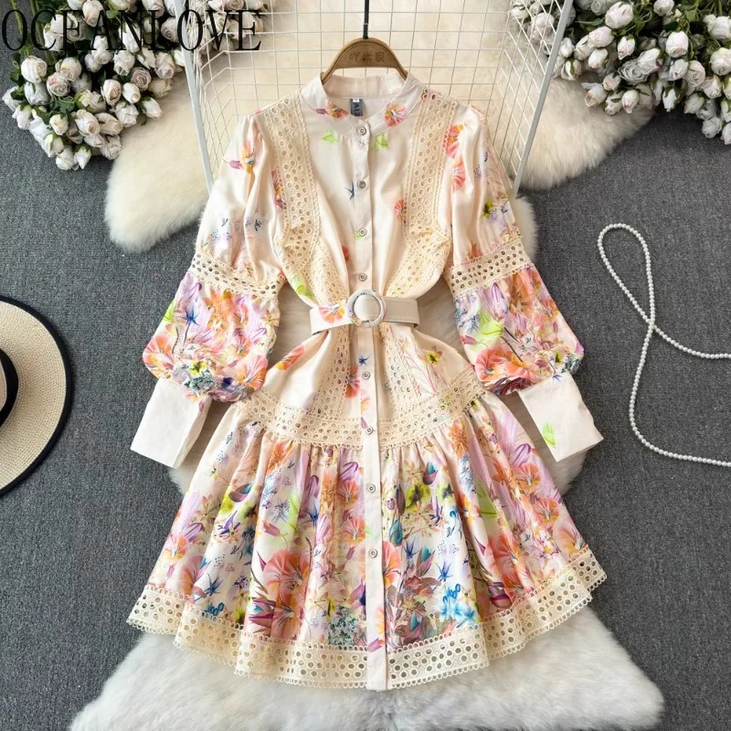 Spring Autumn Lantern Sleeve Women Dresses Lace Floral Korean Fashion Retro Vestidos Mujer Stand Collar Mini Dress