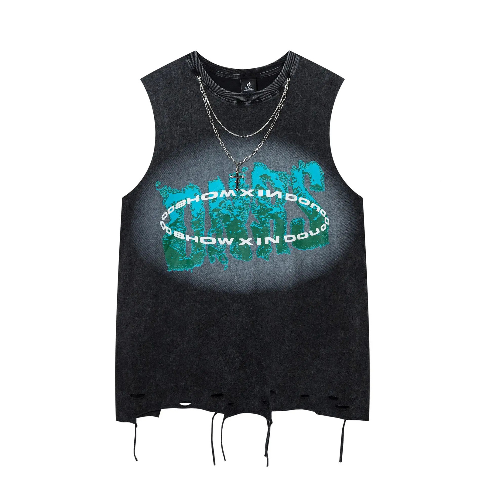 Summer Cross Necklace Sleeveless T-shirt Y2k European and American Street Fashion Vest Mens Washing Distressed Cut Printed Top 250318