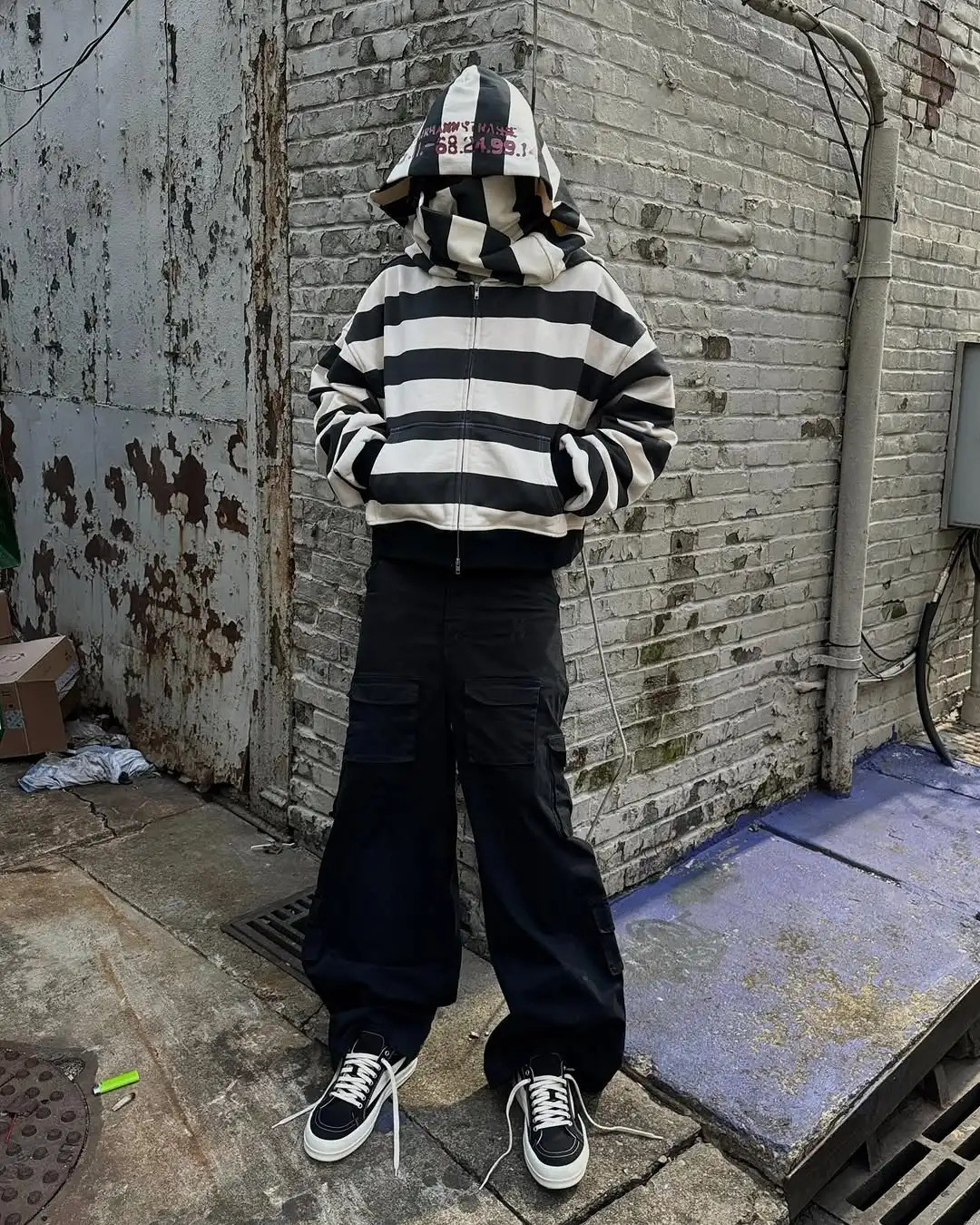 2025 Black White Stripe Prison Style Double Cuff Double Niche n Autumn Hoodie Mens Loose Casual Sports Street Clothes 250322