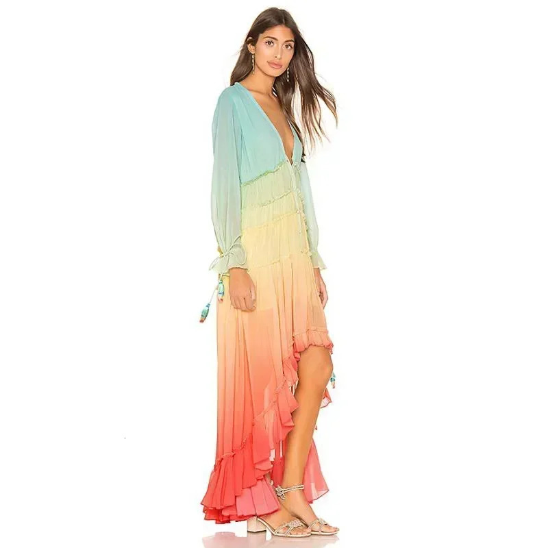 Womens Summer Bohemian Dress Printing Gradient Elegant Maxi Dress Patchwork Rainbow Color Party Dress Ruffles Sweet Vestidos 250322