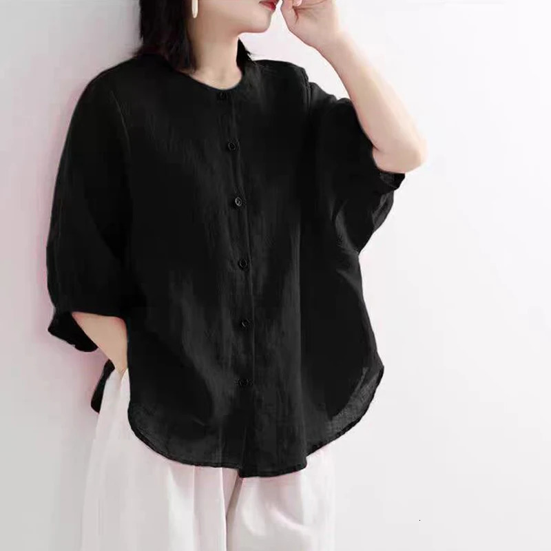 Womens linen pure cotton casual loose short sleeved Oneck fully matched shirt and single seam solid top 250312