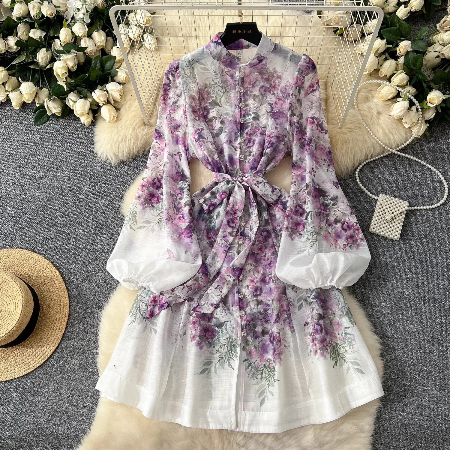 Spring Holiday Gorgeous Flower Organza Dress Women Lantern Long Sleeve Beaded Button Floral Print Belt Lace Up Boho Vestido 250322