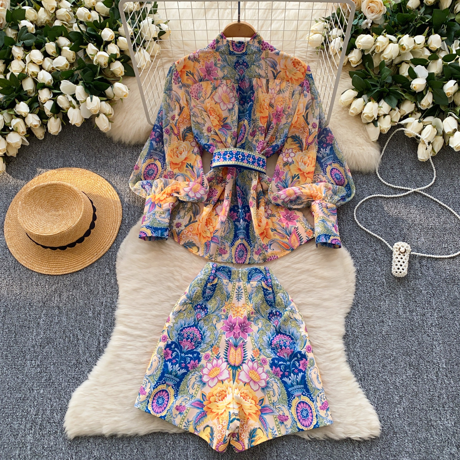 Two Piece Dress Women Summer 2Pcs Ladies Suit Women Shorts Set Long Sleeve Turtleneck Chiffon Top Shorts Two Piece Set Women Outfits conjunto femenino
