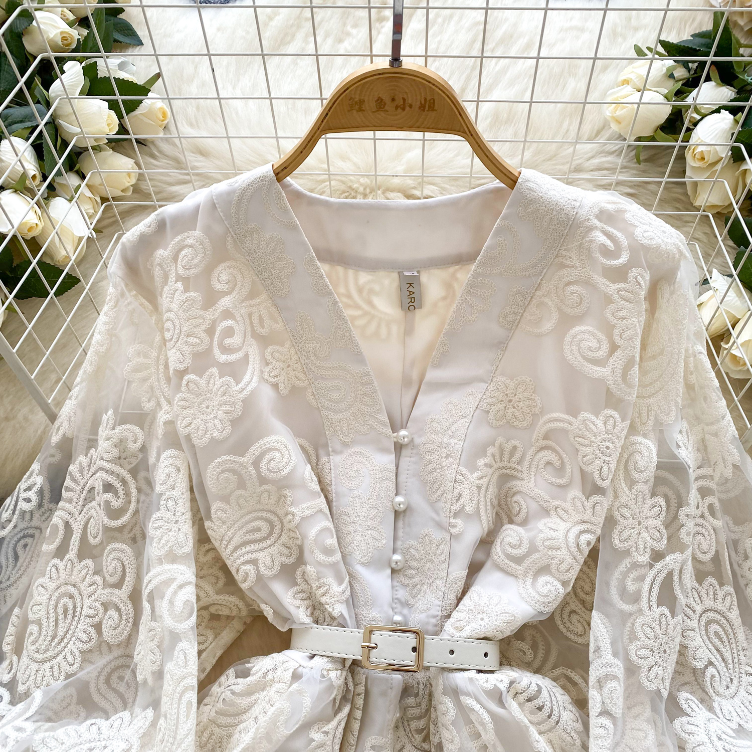 Casual Dresses French Sweet V Neck Lantern Sleeve Mini Dress Summer Women Embroidery Flower Mesh Patchwork Belt Casual Beach A-Line Party Robes 2025
