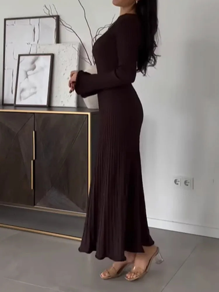 Womens Elegant Button Vneck Knitted Long Skirt Fashion Sleeve Ruffle Slimming Vestido Waist Office Robe 250320