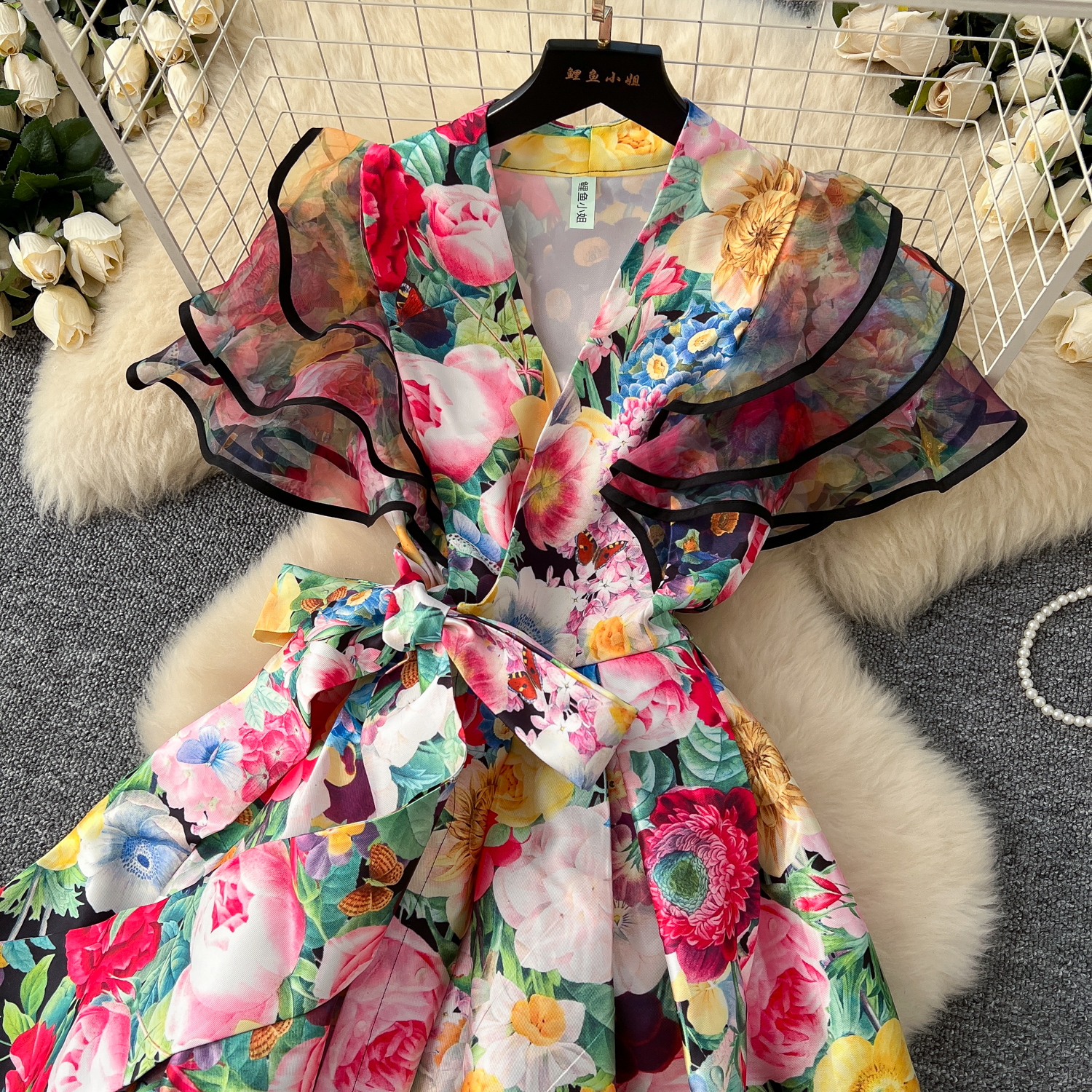 Casual Dresses Summer Summer Bohemian Gorgeous Flower Long Dress Women V-Neck Layer Mesh Sleeve Floral Print Bandage Lace Up Robe Vestidos Clothes 202