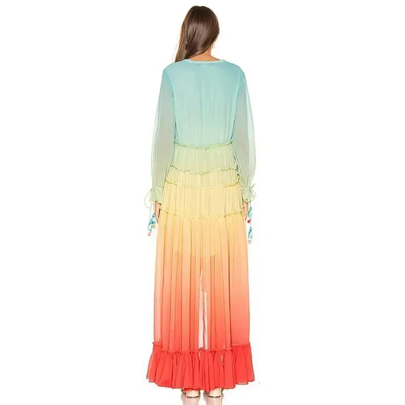 Womens Summer Bohemian Dress Printing Gradient Elegant Maxi Dress Patchwork Rainbow Color Party Dress Ruffles Sweet Vestidos 250322