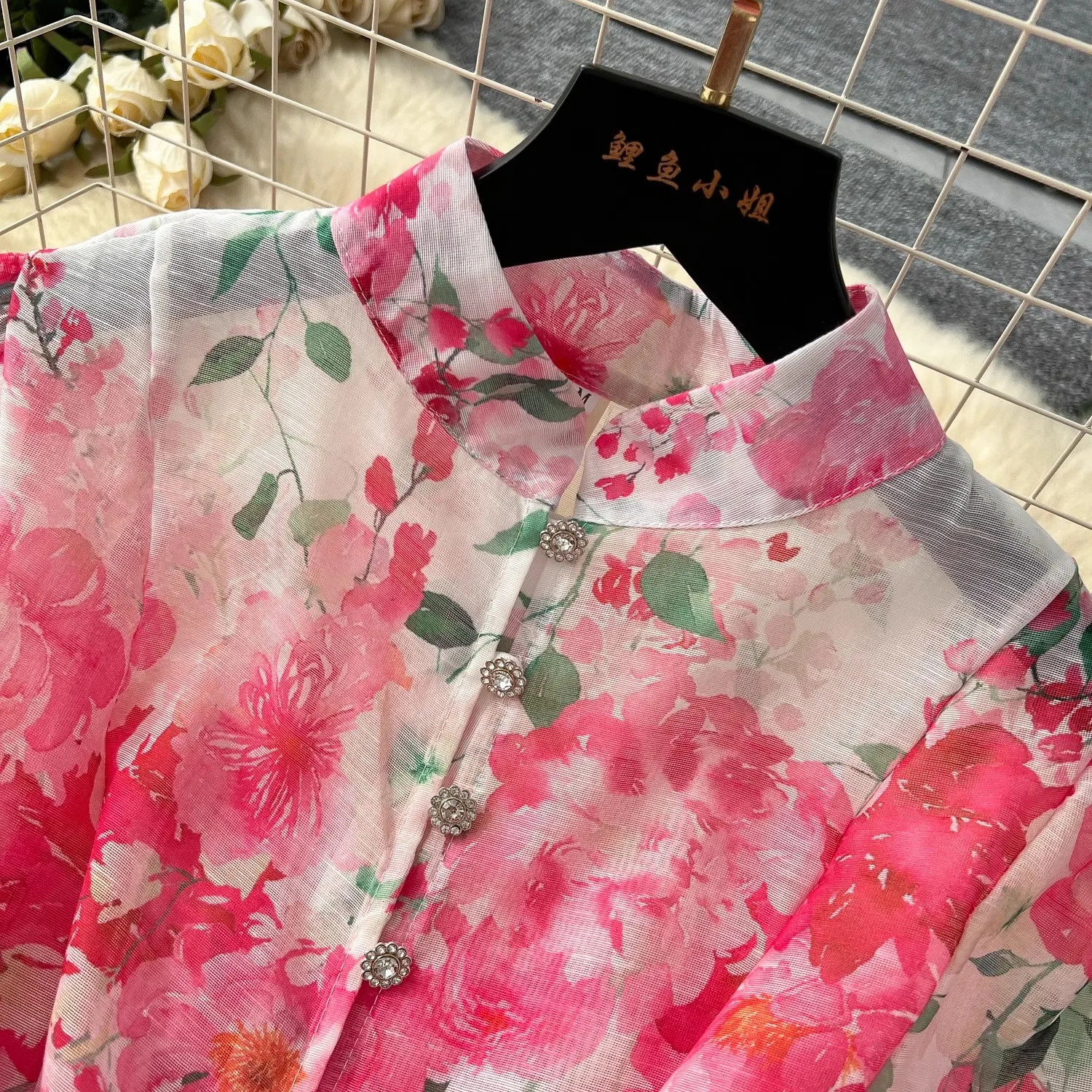 Spring Holiday Gorgeous Flower Organza Dress Women Lantern Long Sleeve Beaded Button Floral Print Belt Lace Up Boho Vestido 250322