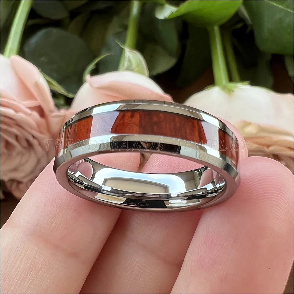 6mm Koa Wood Inlay Tungsten Carbide Ring for Women Men Fashion Engagement Wedding Band Beveled Comfort Fit 250319