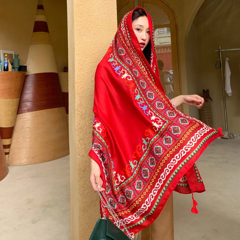Women Ethnic Shawl Scarf Beach Desert Sunscreen Silk Scarves Red Big Bandelet Female Travel Po Dual-use Sunshade Coat 250318