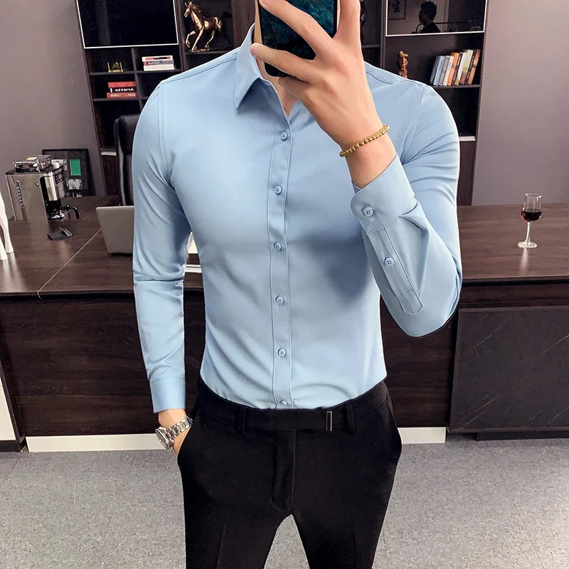 Plus Size 7XL-S Long Sleeve Shirt For Men Formal Business Solid Slim Fit Shirts High Quality Homme Social Casual Shirt 250321