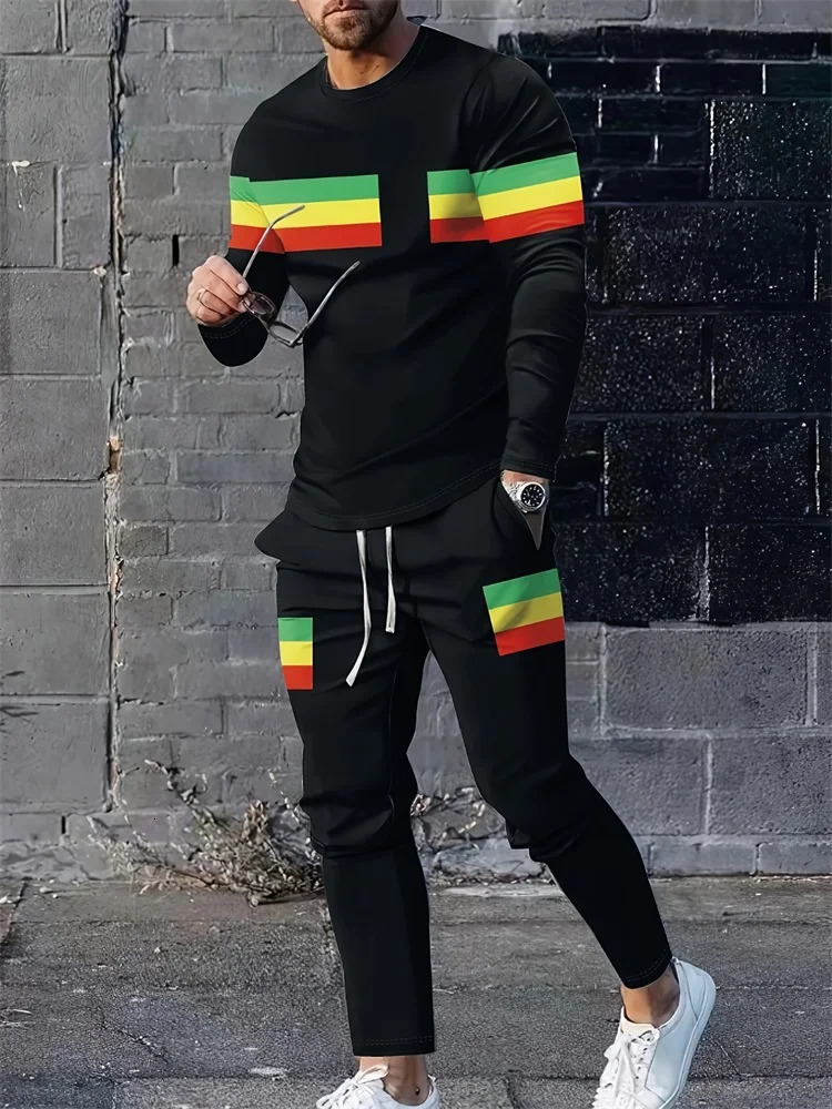 Spring and summer mens long sleeved pants set red and blue striped printed mens set daily fashion mens long sleeved T-shirt 250321