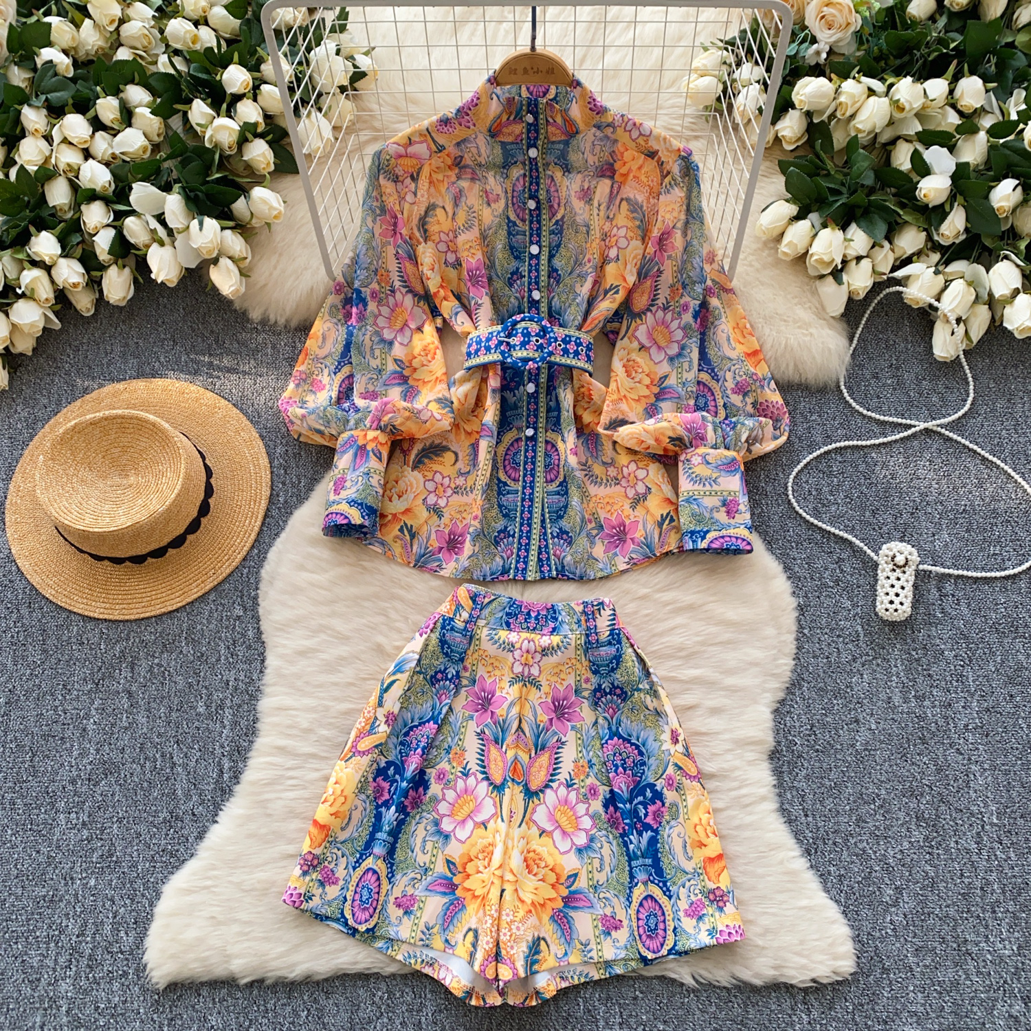 Two Piece Dress Women Summer 2Pcs Ladies Suit Women Shorts Set Long Sleeve Turtleneck Chiffon Top Shorts Two Piece Set Women Outfits conjunto femenino