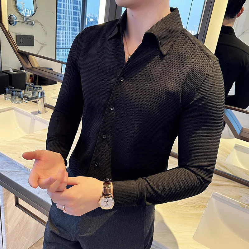 Autumn solid color waffle shirt mens slim fit V-neck long sleeved casual business formal dress social party streetwear 4XL 250321