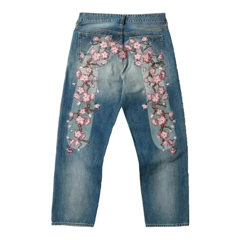 Harajuku pants men cherry blossom Embroidery Hip Hop y2k streetwear jeans men women Retro fashion Casual wide leg Denim Pants 250321