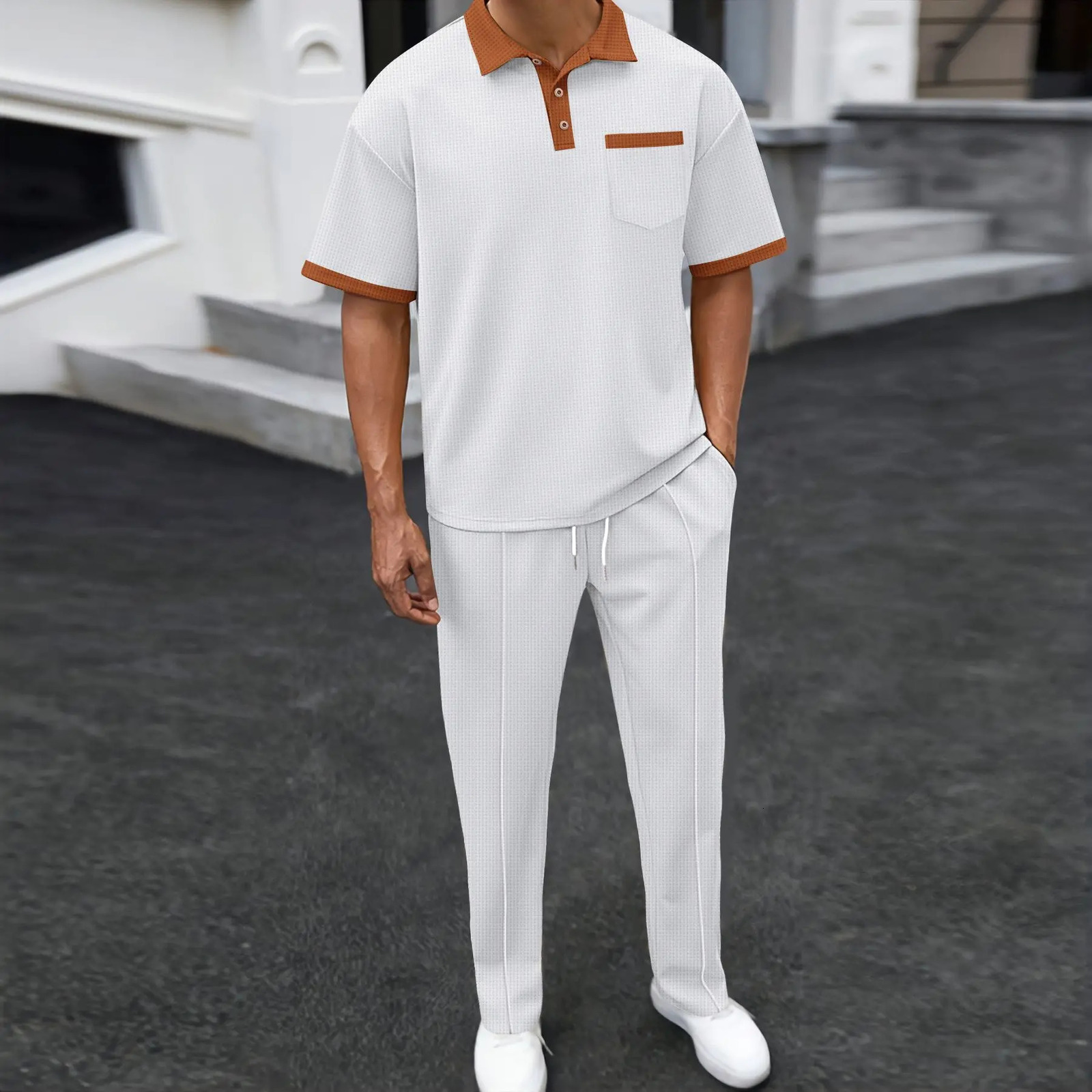 Mens Two-piece Sportswear Short-sleeved T-shirt and Long Pants set Casual Business Sportswear Summer Fashion Two-piece Set 250321