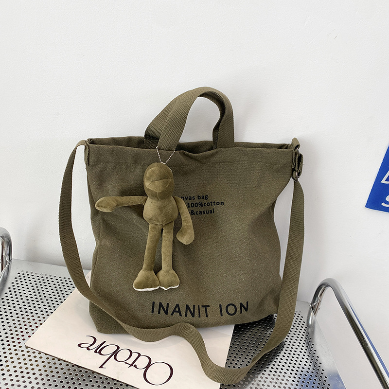 Crossbody brown canvas bag Washed canvas thickened tote bag Large capacity Fashion student bag neutral 2025