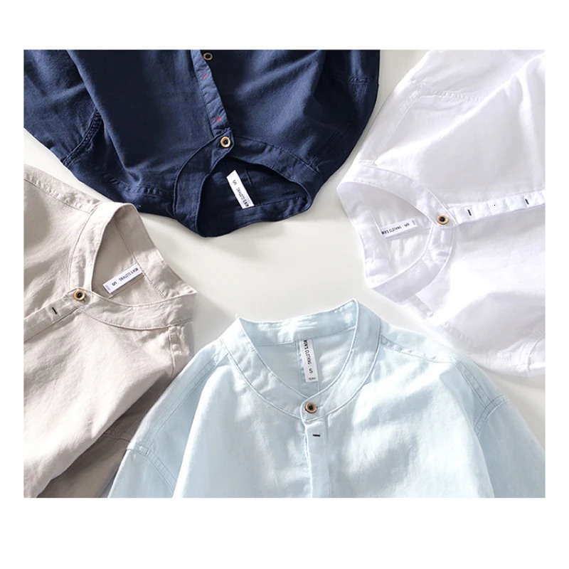 2024 Mens Linen Long-sleeved Shirt with Stand Collar Youth Casual Loose Mens Cotton and Linen White Shirt.Beach Vacation Top 250317