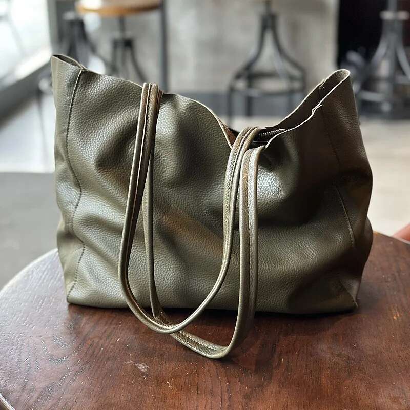 Johnature 2025 New Autumn Winter Large Shopping Genuine Leather Casual Simple Solid Color Lightweight Women Tote Bag