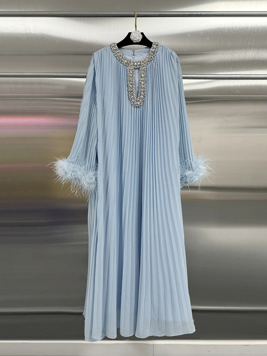KBQ Solid Patchwork Feather Evening Dress For Women Round Neck Spliced Diamonds Long Sleeve Loose n Sense Dresses Female 250320
