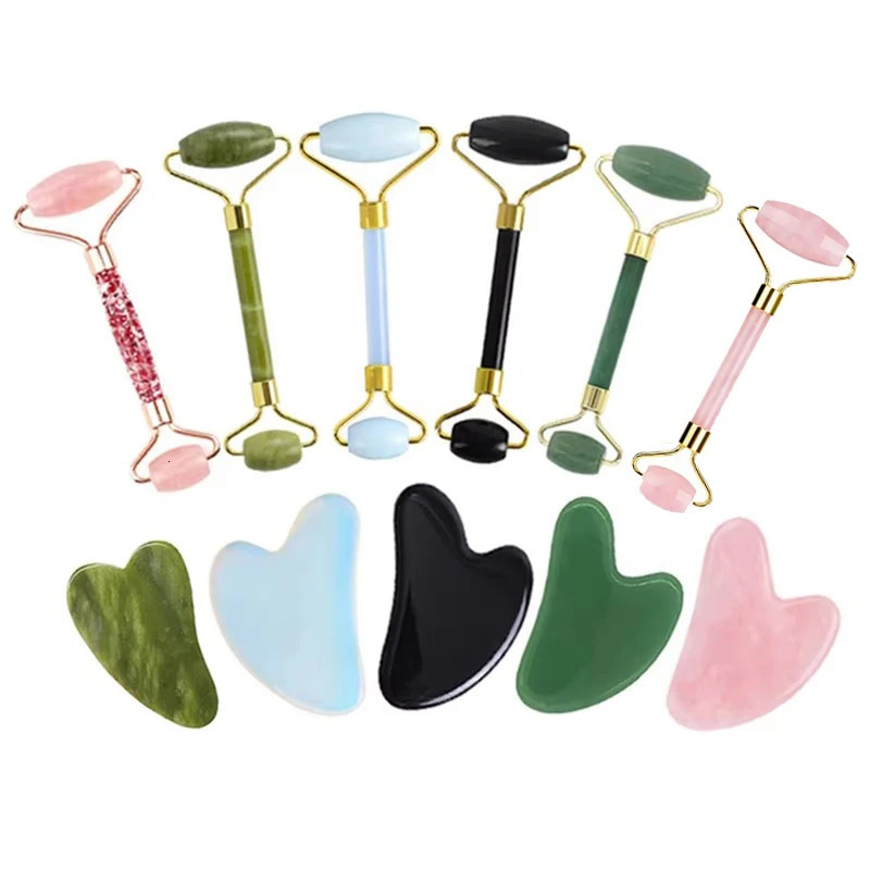 2Pcs Natural Jade Roller Gua Sha Set Face Scraping Roller Massage Tool Jade Massager for Face Eye Neck Anti Aging Muscle Relax 250322