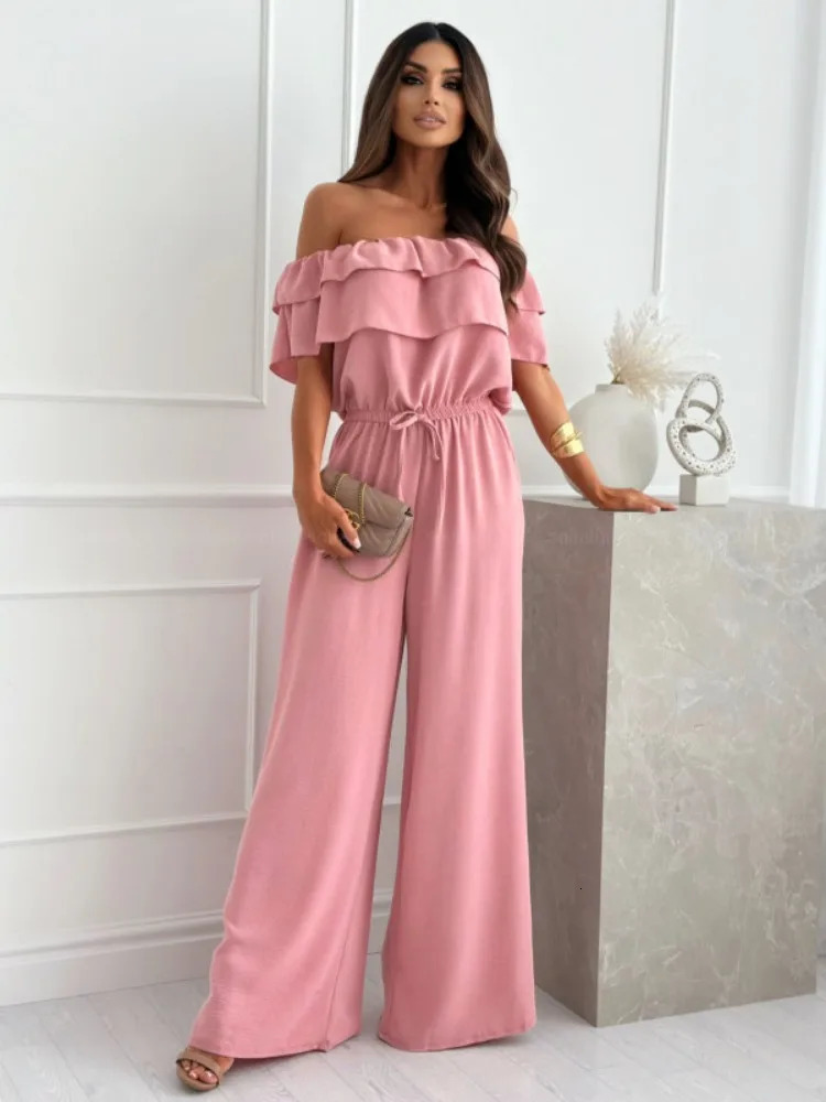fashion womens solid color jumpsuit womens casual collarless short sleeved waist control jumpsuit 250320