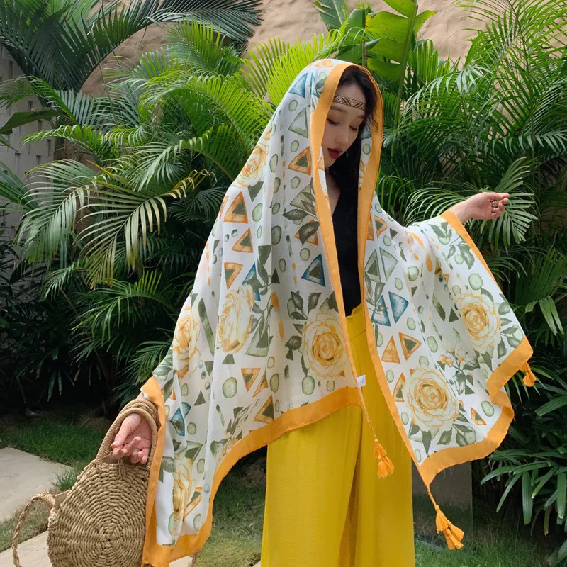 Women Ethnic Shawl Scarf Beach Desert Sunscreen Silk Scarves Red Big Bandelet Female Travel Po Dual-use Sunshade Coat 250318