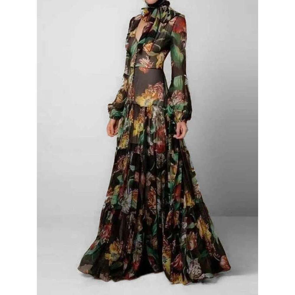 Women's Lantern Retro Long Sleeve Ral Printing Slim Stand Collar Elegant Shirring Vintage Button Spring Dress