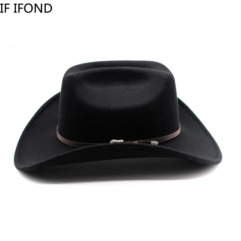 Vintage Western Cowboy Hat For Mens Gentleman Lady Jazz Cowgirl With Leather Wide Brim Cloche Church Sombrero Hombre Caps 250408