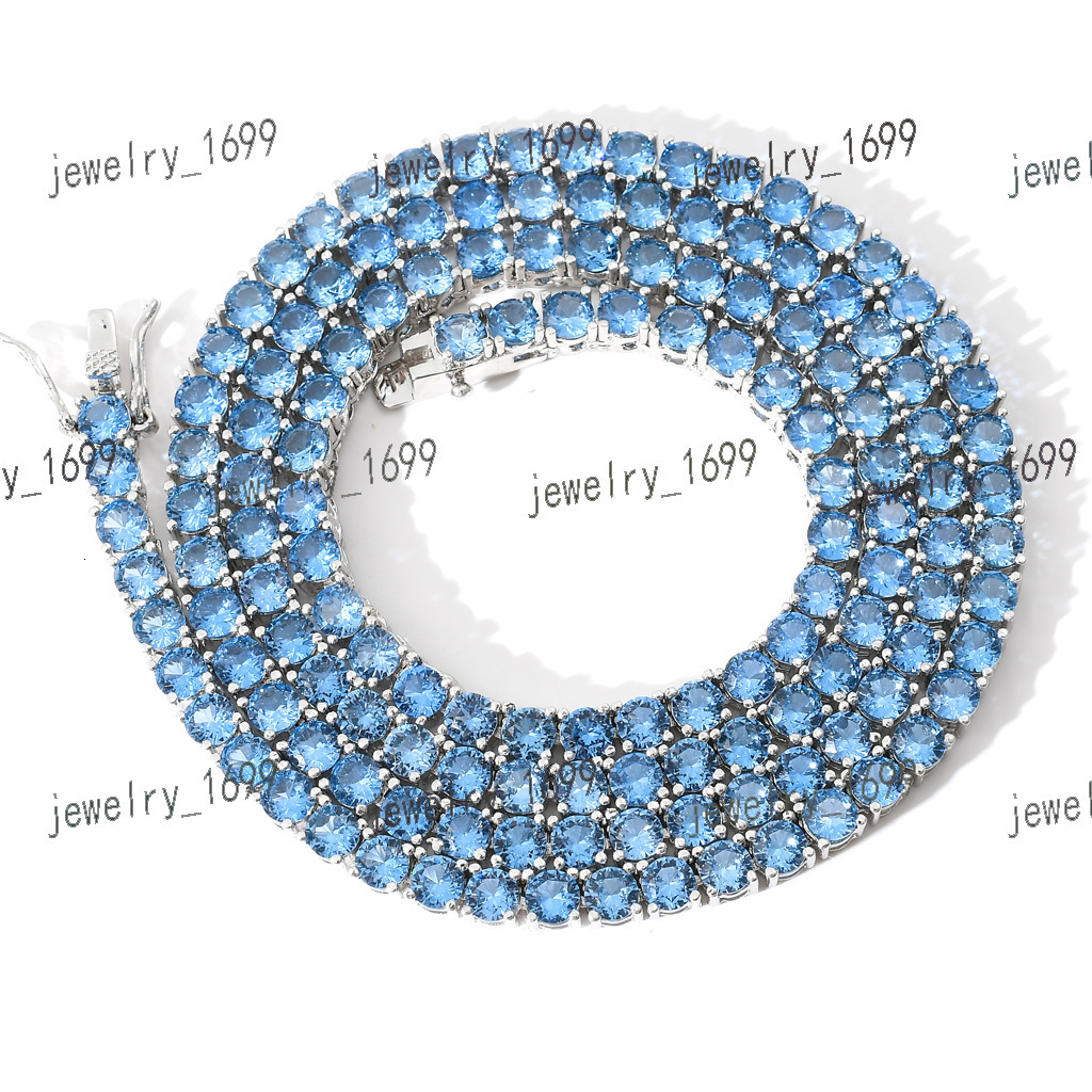 New hip hop tennis chain sea blue zircon 4mm zircon mens and womens necklace tennis chain